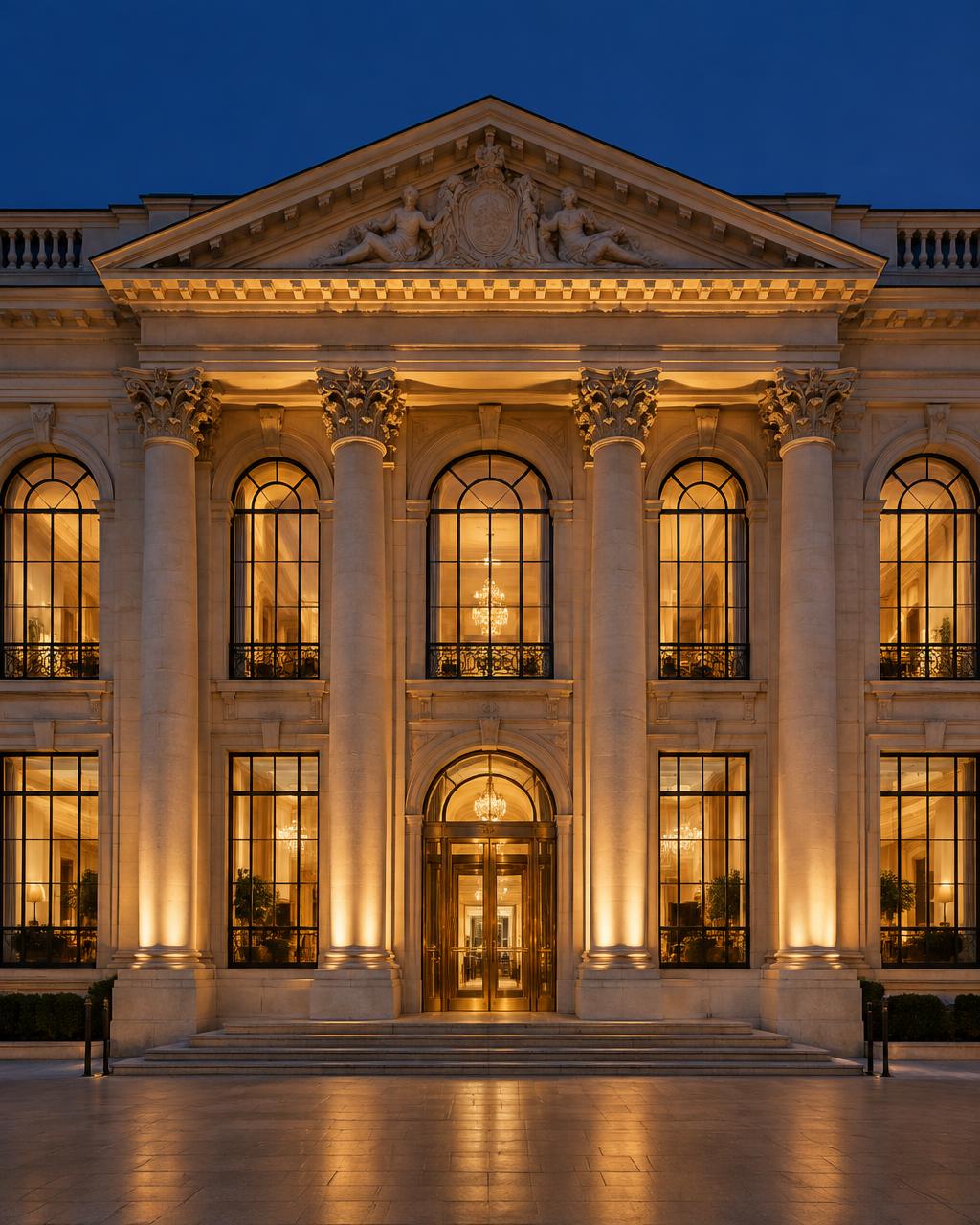 A stately classical building facade with columns lit at golden hour