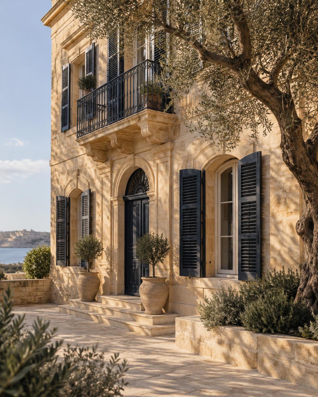 A Mediterranean stone villa facade with arched windows and an olive tree